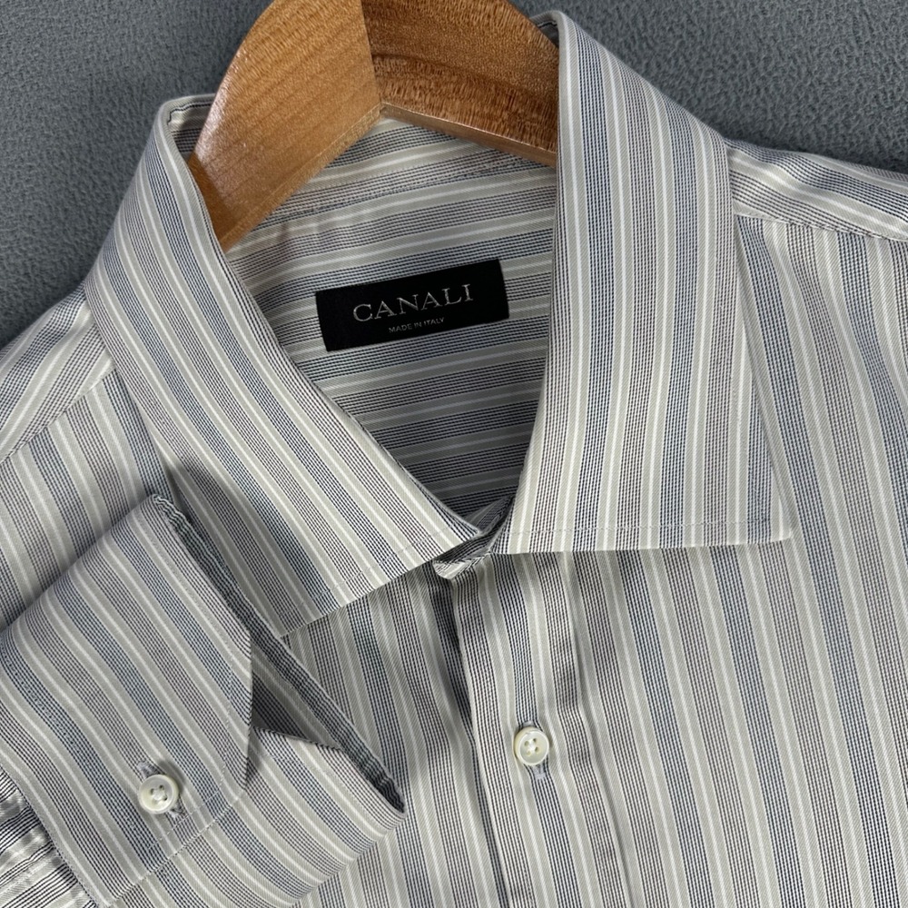 Canali Shirt 17.5 Grey Blue Striped Quiet‎ Luxury Made In Italy Business Dress